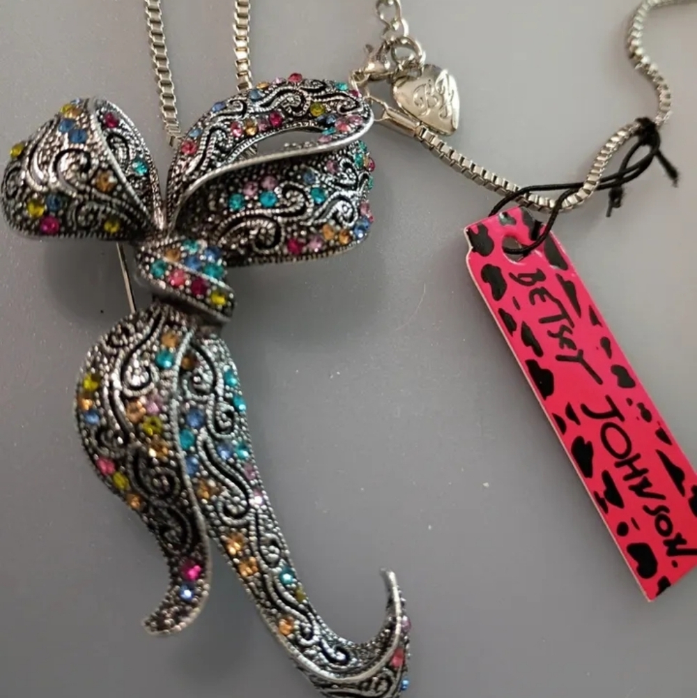 Betsey Johnson Silver Crystal Rainbow Bow Pendant Brooch Necklace